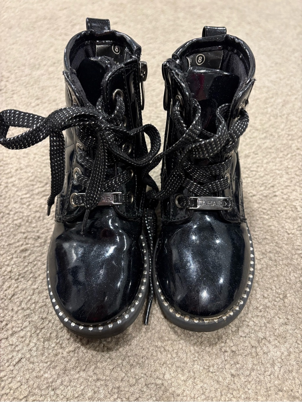 Tahari Black Patent Lace-Up Kids Ankle Boots with Stud Trim